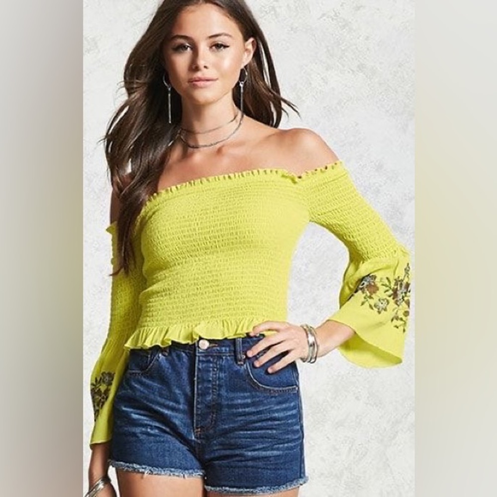 👚Neon Yellow Embroidered Smocked Off-Shoulder Cropped Blouse